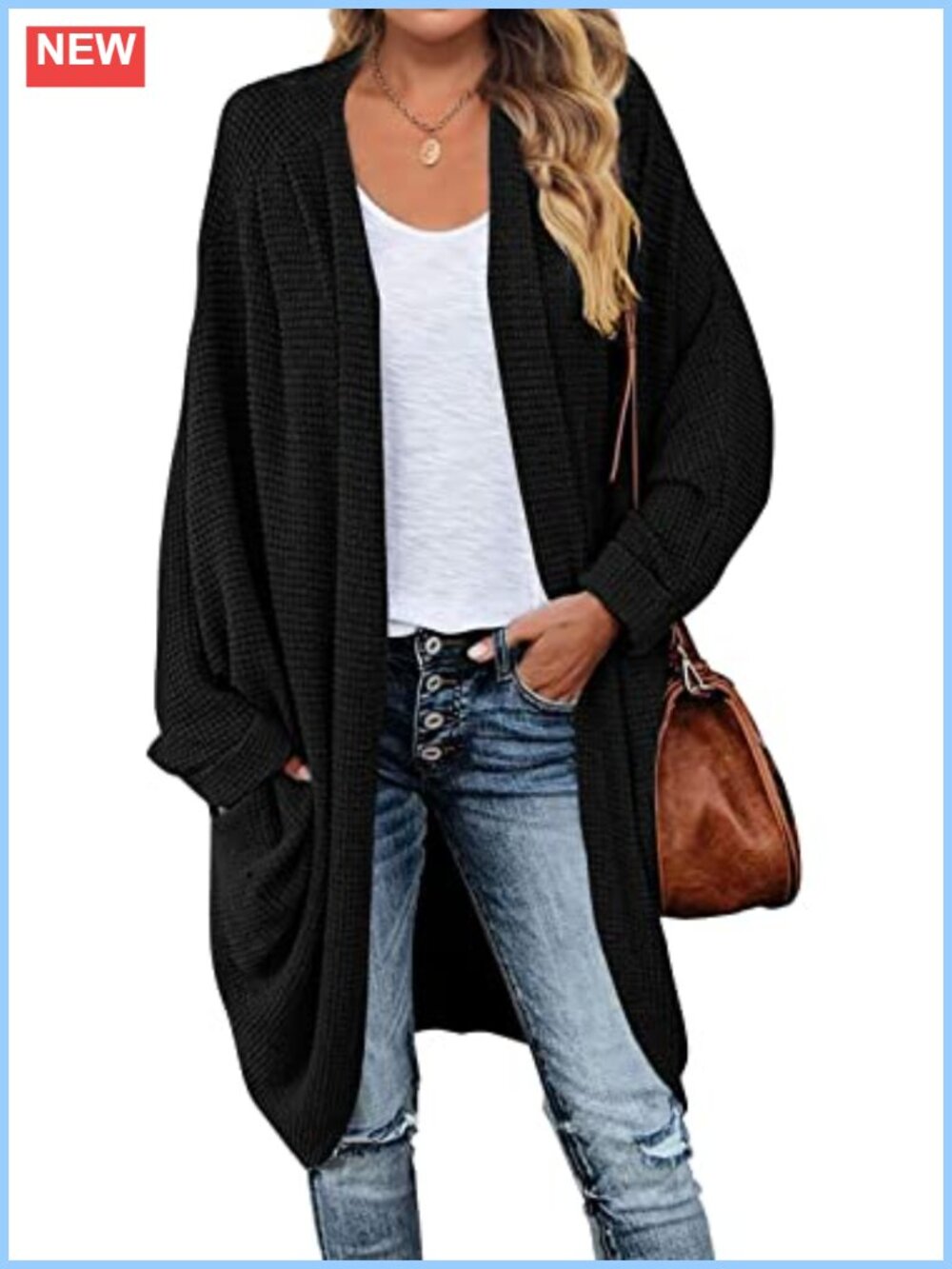 Oversized Waffle Knit Cardigan Sweater Dolman Sleeve Slouchy Fall Women